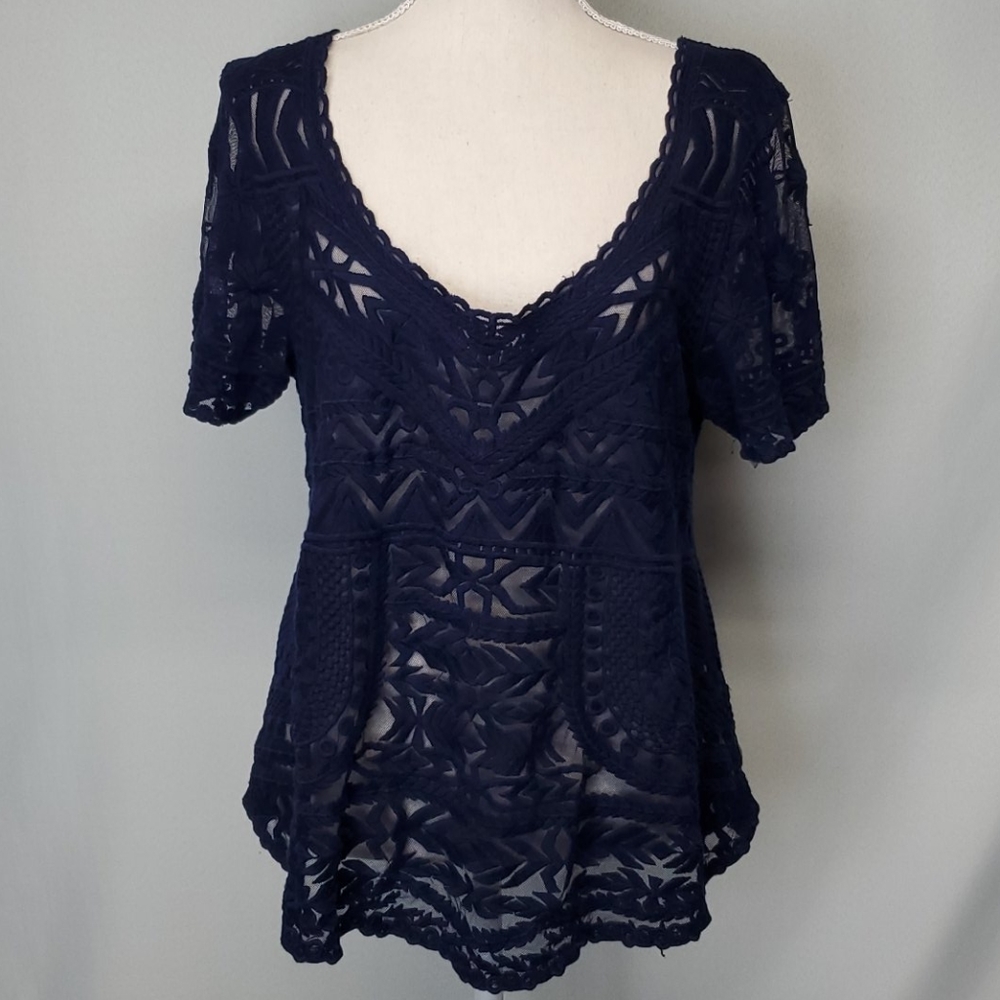 Anthropologie Meadow Rue Navy Lace Mesh Top Size L